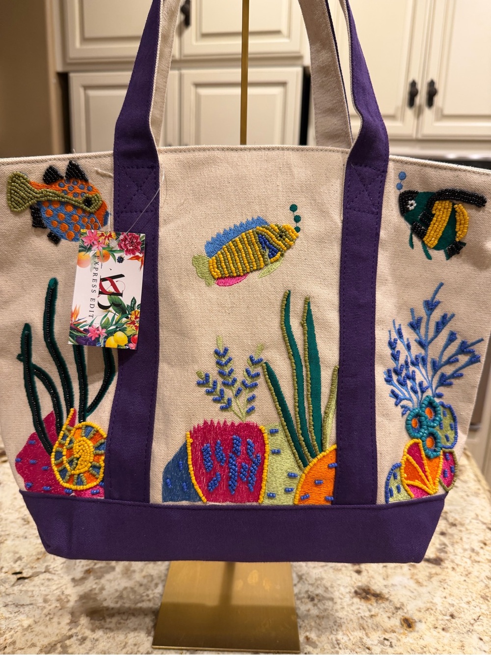 America & Beyond Canvas Boat Tote Bag with Purple Trim and Marine Embroidery - Picture 2 of 10